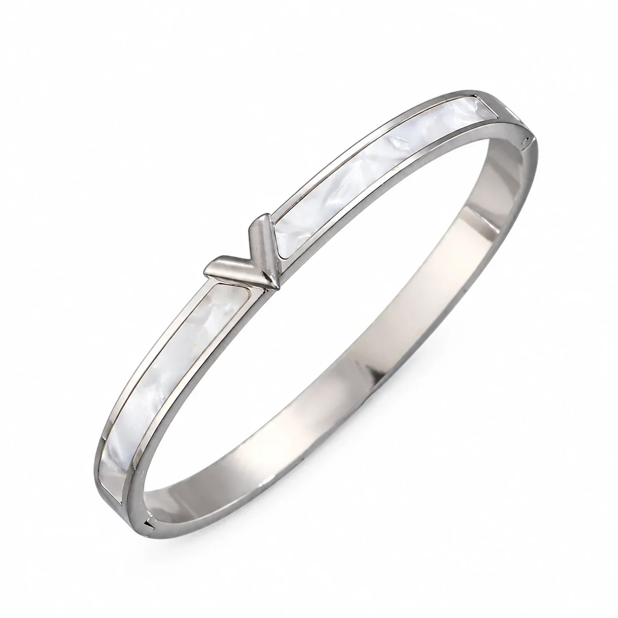 Hinged Cuff Bangles with Motif Details, Silver-Plated Steel - Silver V Shape