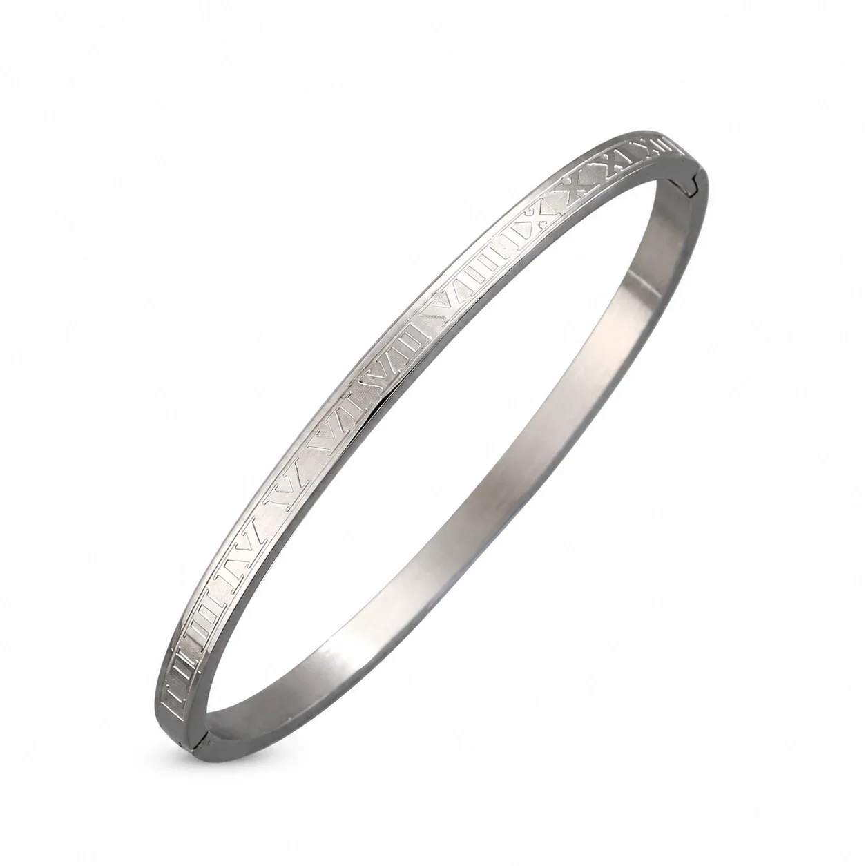 Hinged Cuff Bangles with Motif Details, Silver-Plated Steel - Silver Roman Numeral