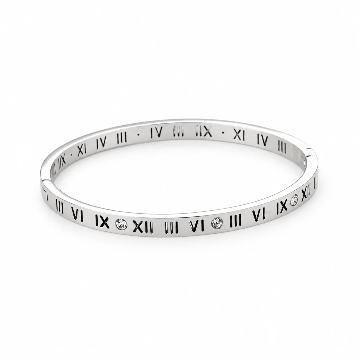 Hinged Cuff Bangles with Motif Details, Silver-Plated Steel - Silver Roman Numeral Crystal