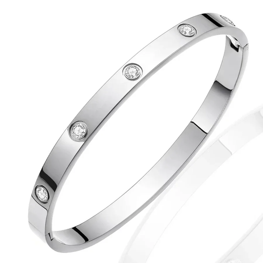 Hinged Cuff Bangles with Motif Details, Silver-Plated Steel - Silver 6 mm Spaced Crystal