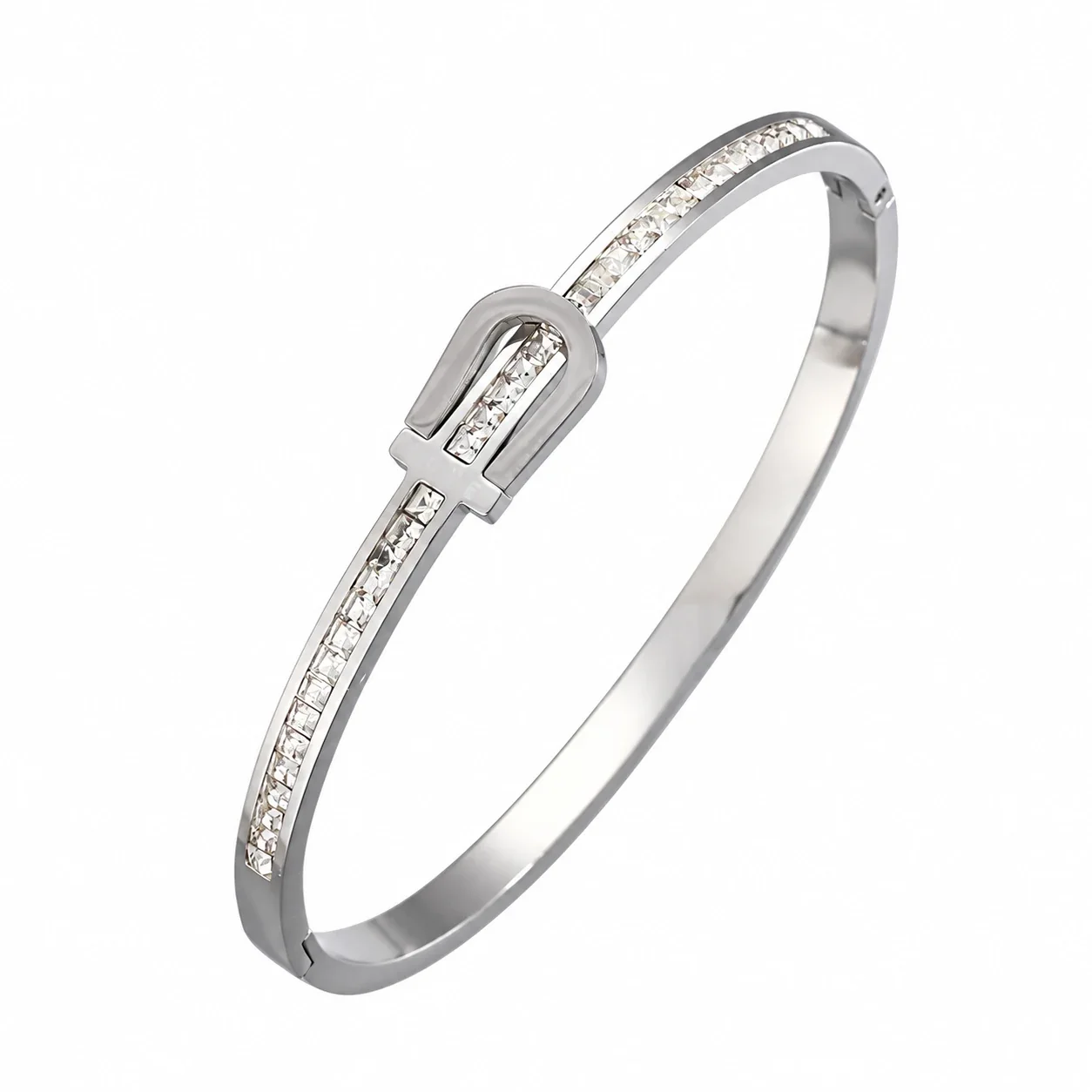 Hinged Cuff Bangles with Motif Details, Silver-Plated Steel - Silver Horseshoe Clasp