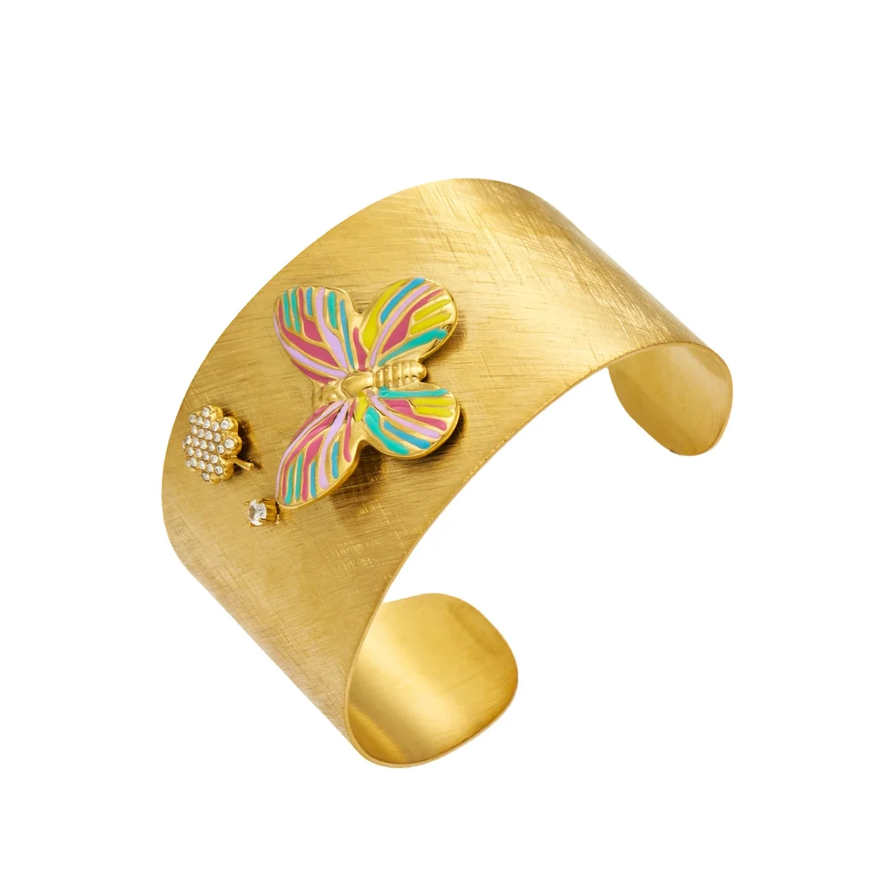 Bracelete Aberto Borboleta em Esmalte, Aço Inoxidável 316 com Banho de Ouro 18K