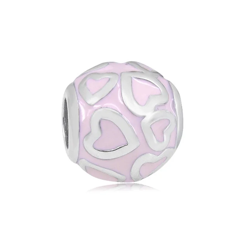 Playful Stainless Steel Enamel Charm Bracelet Bead - Pink Heart Enamel