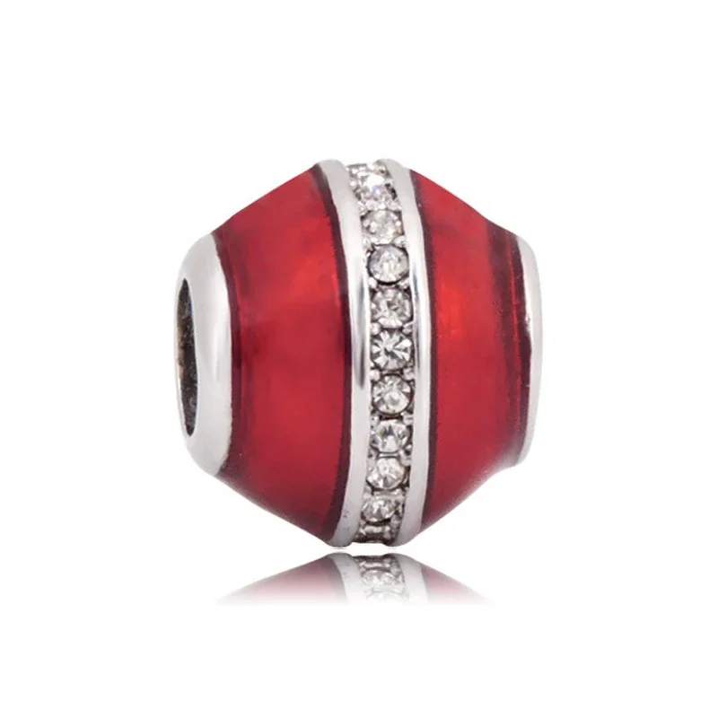Playful Stainless Steel Enamel Charm Bracelet Bead - Red Crystal Stripe