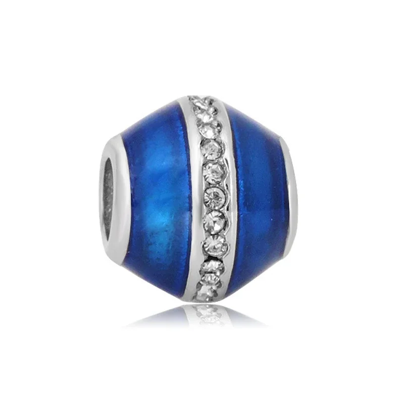 Playful Stainless Steel Enamel Charm Bracelet Bead - Blue Crystal Stripe