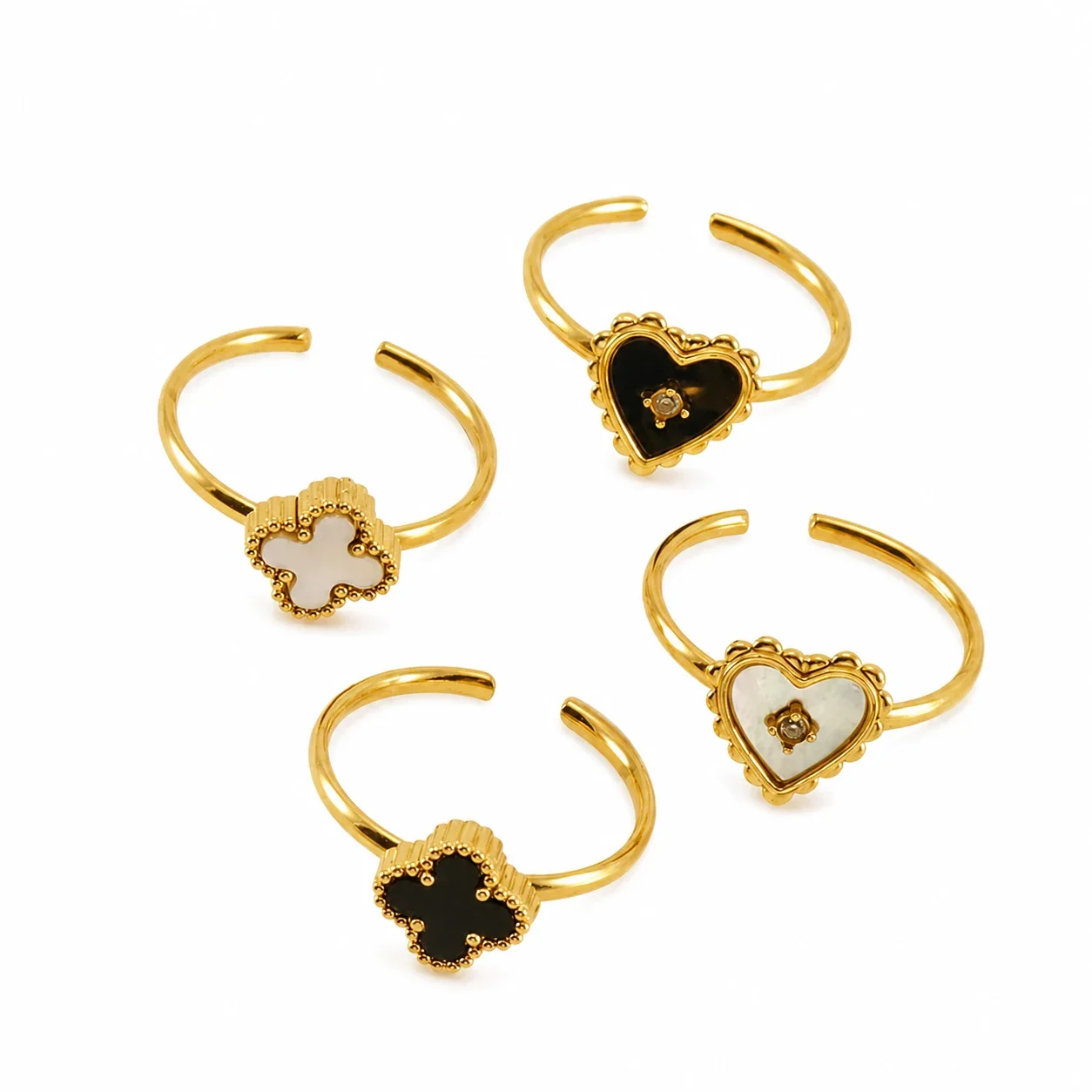 Romantic 18K Gold-Plated Open Heart Clover Ring