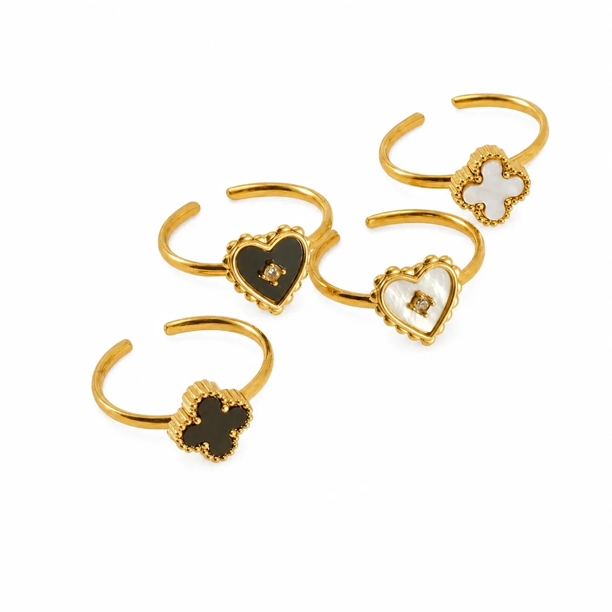 Romantic 18K Gold-Plated Open Heart Clover Ring
