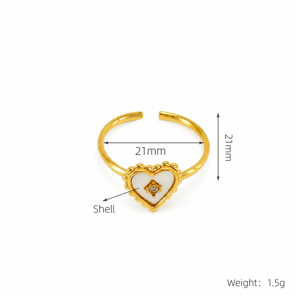 Romantic 18K Gold-Plated Open Heart Clover Ring - White Heart
