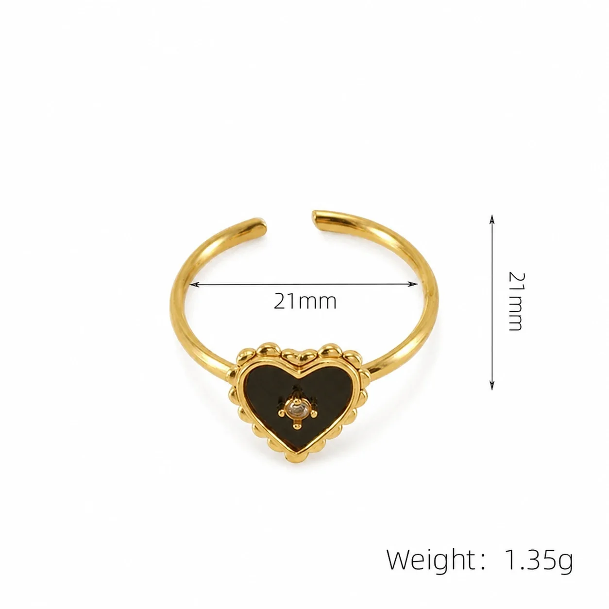 Romantic 18K Gold-Plated Open Heart Clover Ring - Black Heart