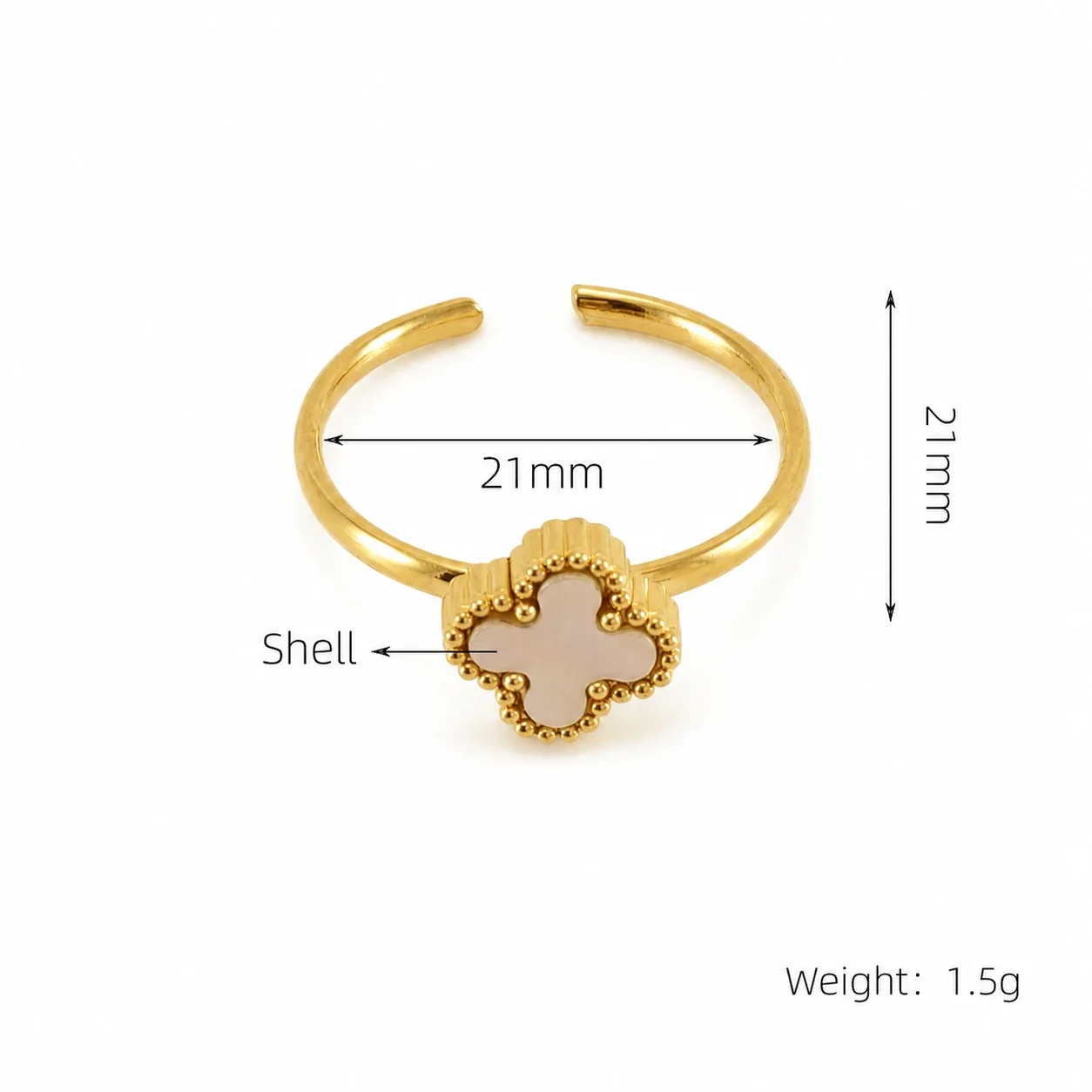 Romantic 18K Gold-Plated Open Heart Clover Ring - White Clover