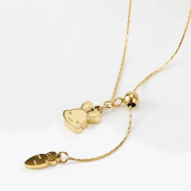 Rabbit & Carrot Slider Chain Necklace, 18K Gold-Plated Steel