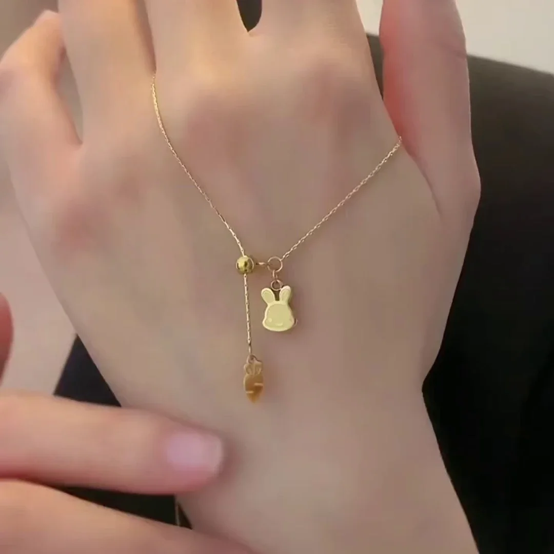 Rabbit & Carrot Slider Chain Necklace, 18K Gold-Plated Steel