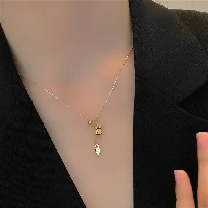 Rabbit & Carrot Slider Chain Necklace, 18K Gold-Plated Steel