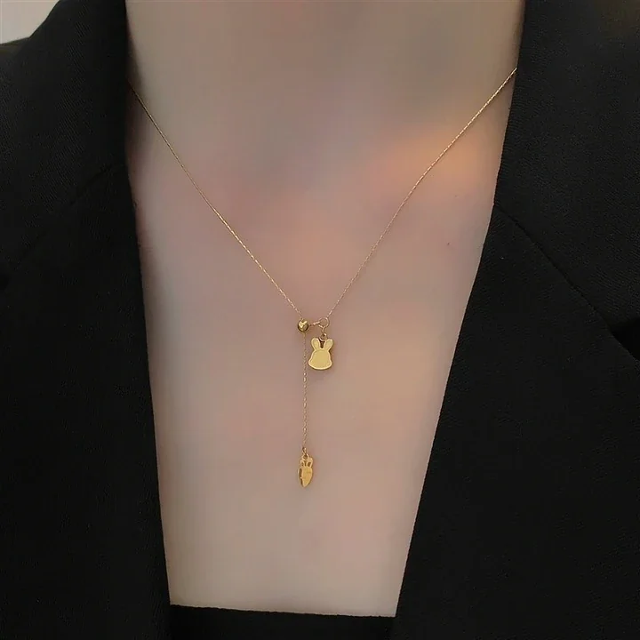 Rabbit & Carrot Slider Chain Necklace, 18K Gold-Plated Steel