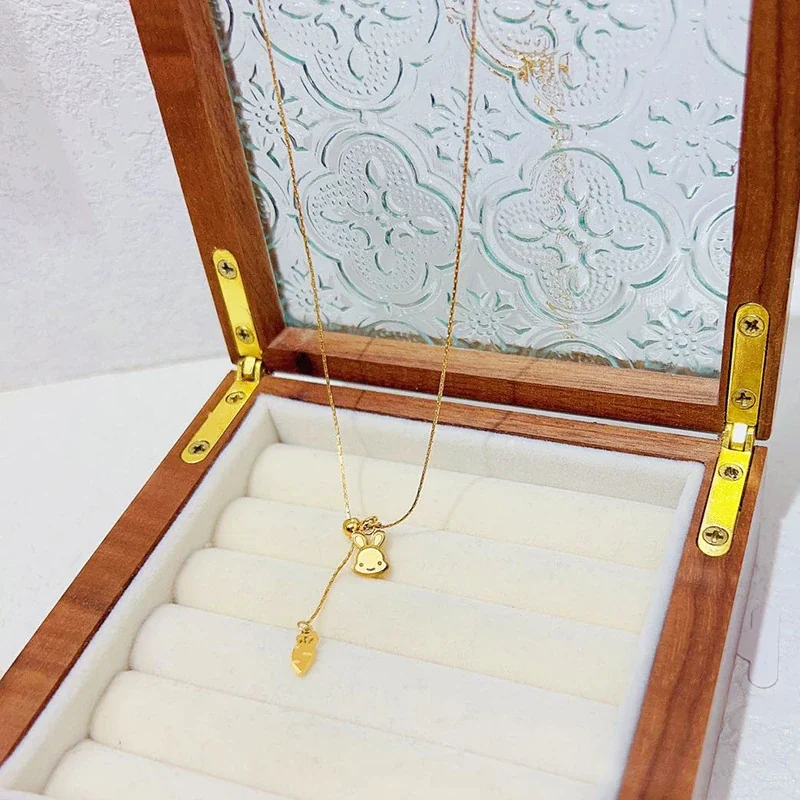 Rabbit & Carrot Slider Chain Necklace, 18K Gold-Plated Steel