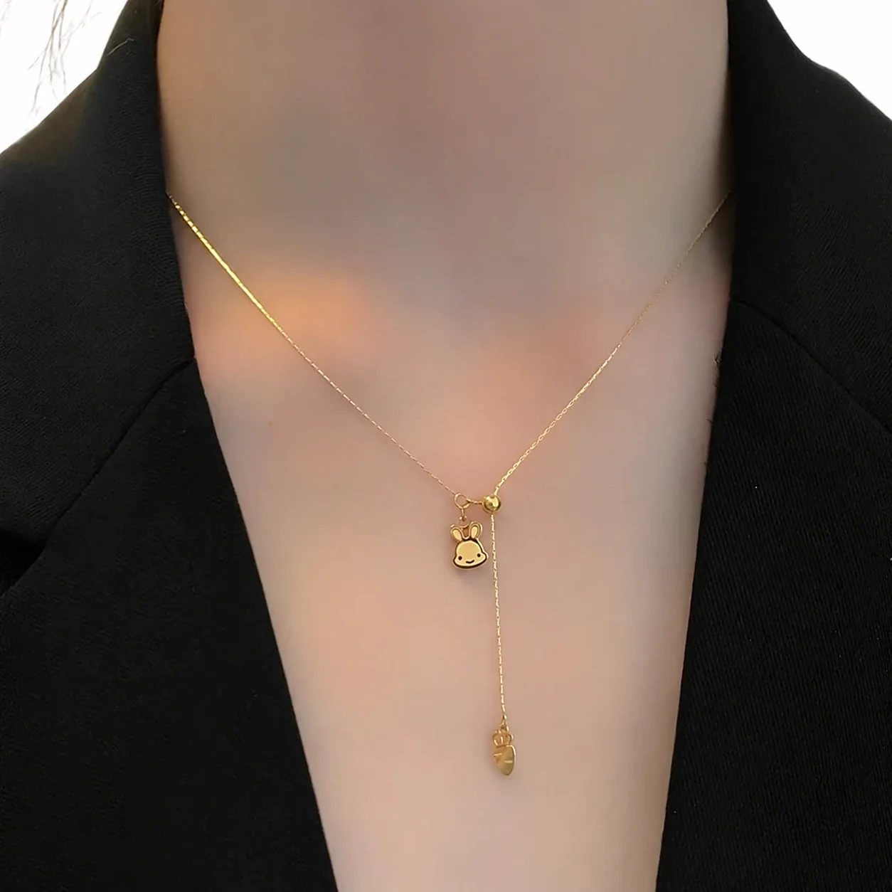 Rabbit & Carrot Slider Chain Necklace, 18K Gold-Plated Steel - Gold