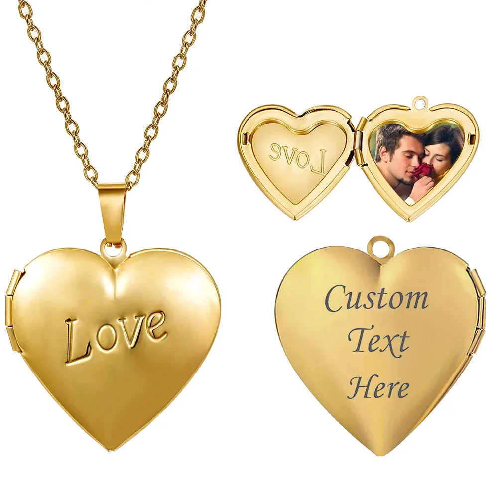 Sentimental 316 Stainless Steel Heart Locket Necklace - Gold With Custom Photo