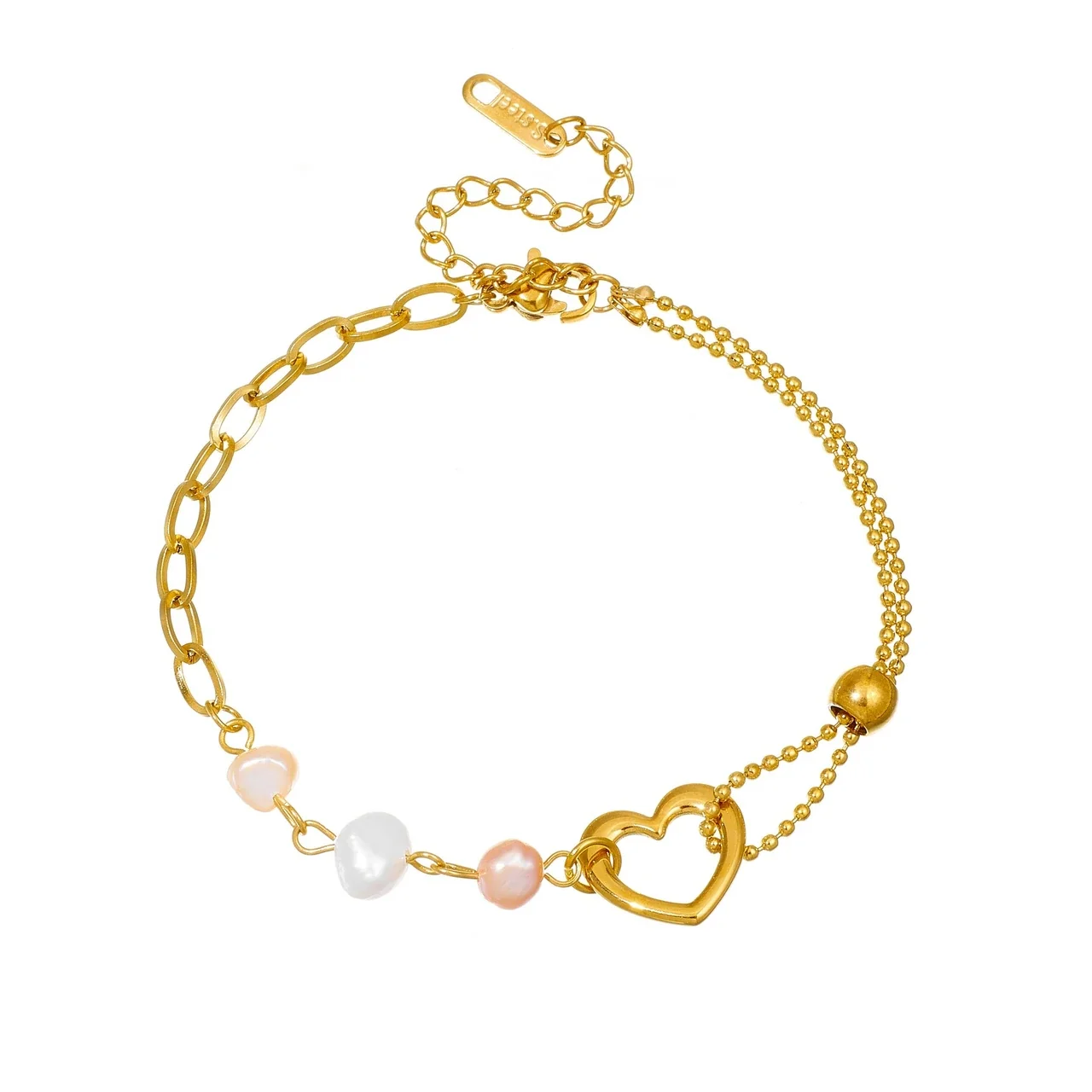 Armband mit Barockperlen, offenem Herz & vergoldetem Edelstahl