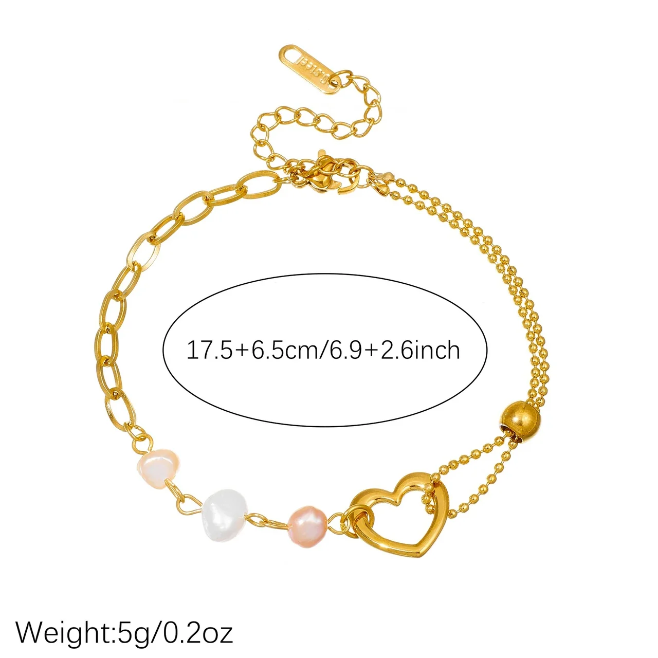 Bracelet with Baroque Pearls, Open Heart & Gold-Plated Steel