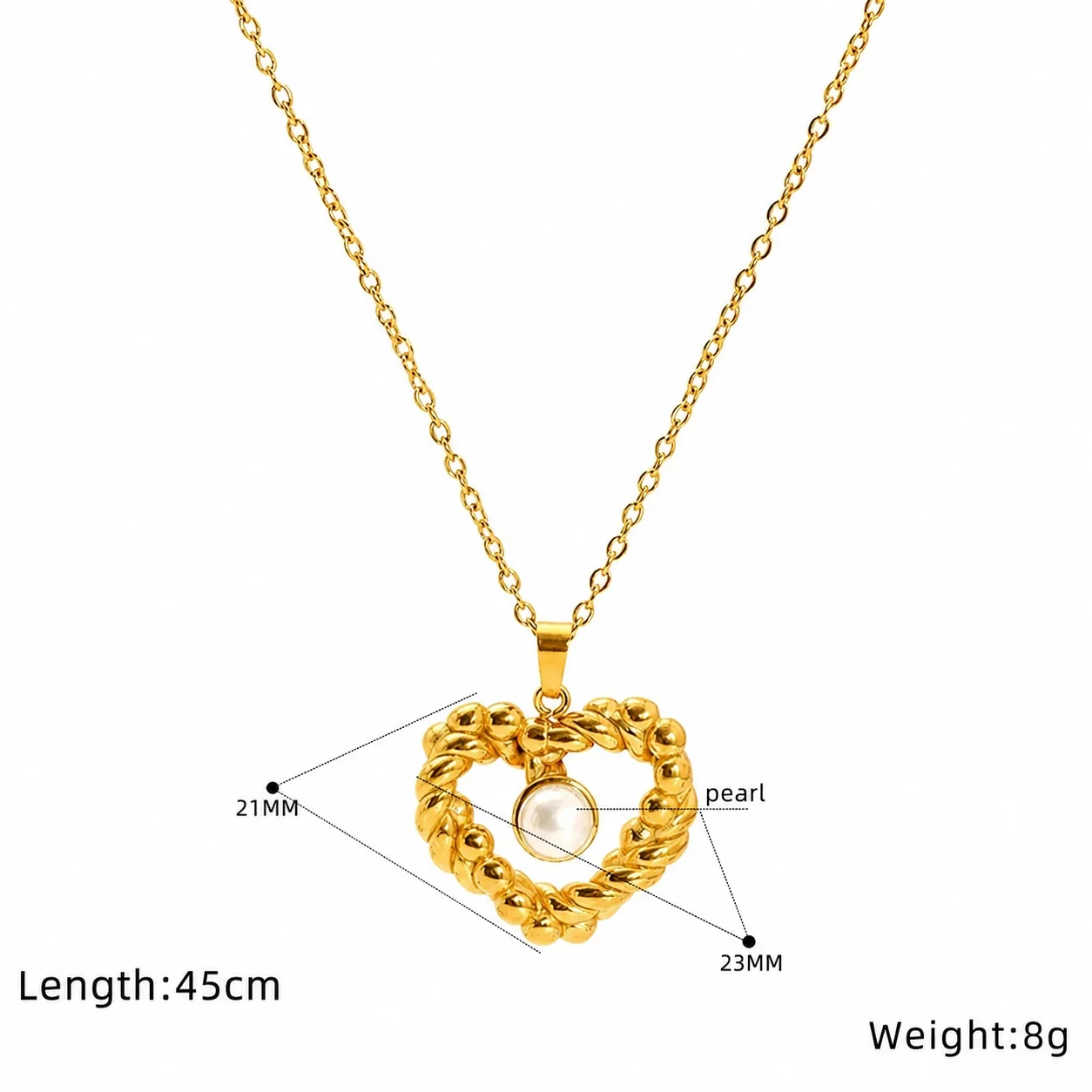 Ornate Gold-Plated Stainless Steel Pearl Heart Pendant Necklace