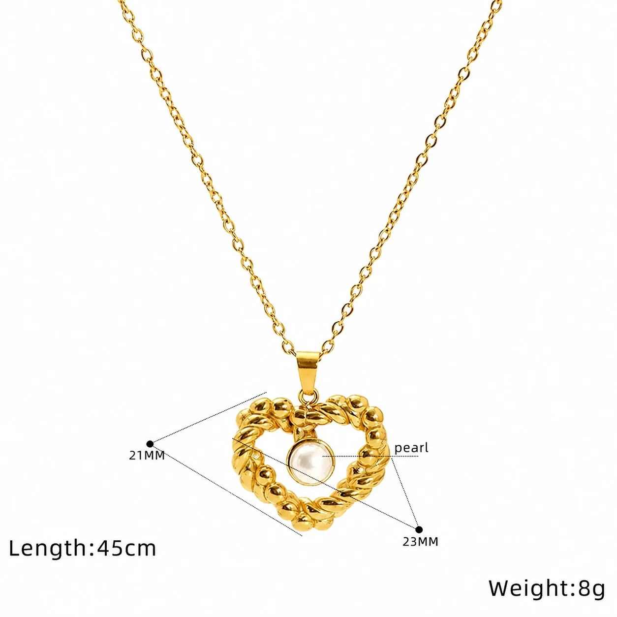Ornate Gold-Plated Stainless Steel Pearl Heart Pendant Necklace