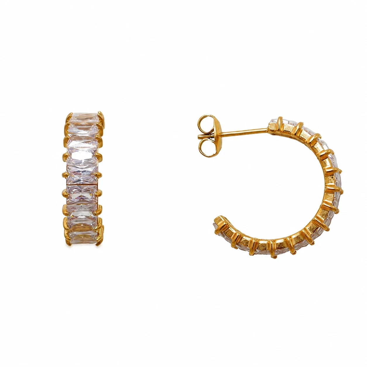 Polished Gold-Plated Pavé CZ Hoop Earrings - Gold Baguette CZ