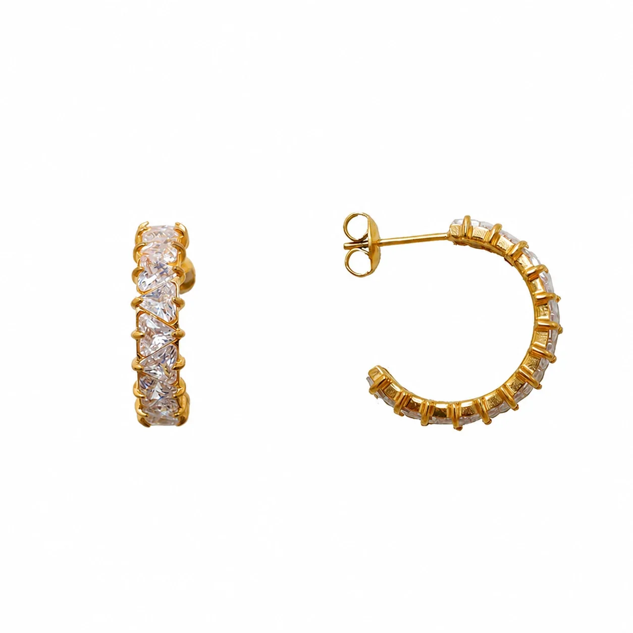 Polished Gold-Plated Pavé CZ Hoop Earrings - Gold Geometric CZ