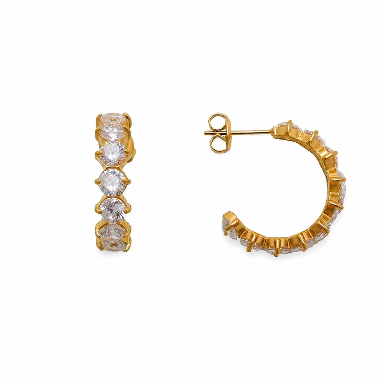 Polished Gold-Plated Pavé CZ Hoop Earrings - Gold Round CZ