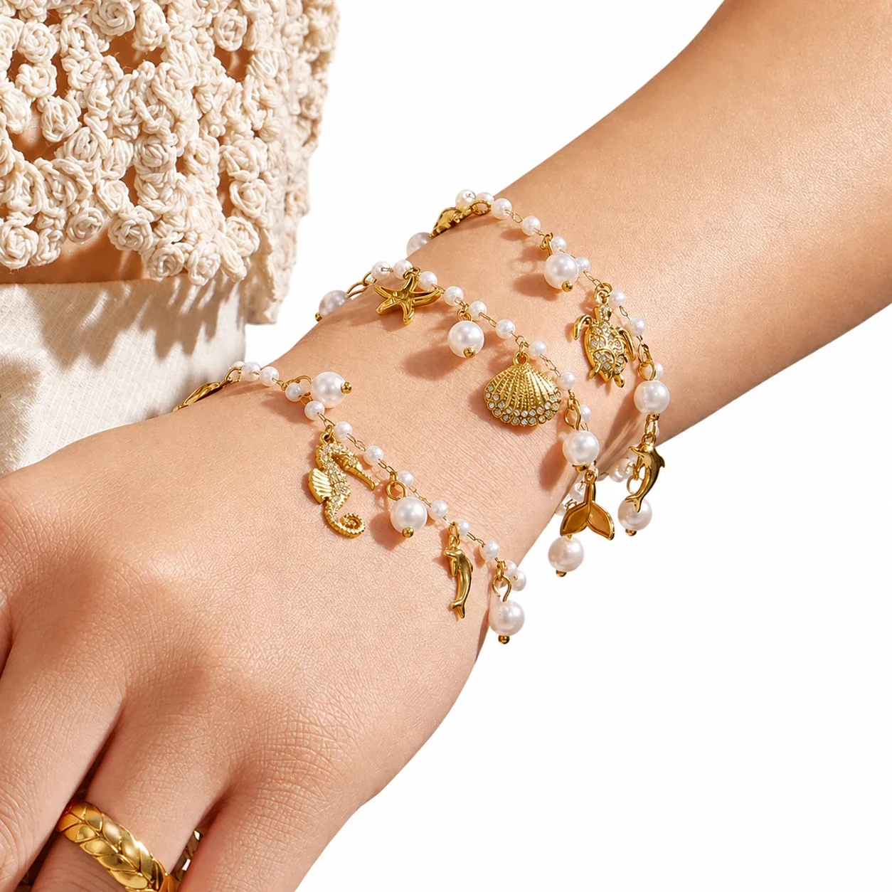 Ocean Charm Gold-Plated 316L Bead Chain Bracelet