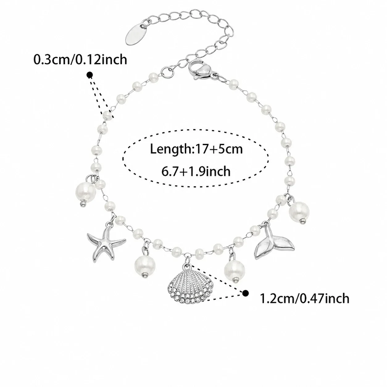 Ocean Charm Gold-Plated 316L Bead Chain Bracelet - Silver Scallop Multi-Charm 17+5 cm
