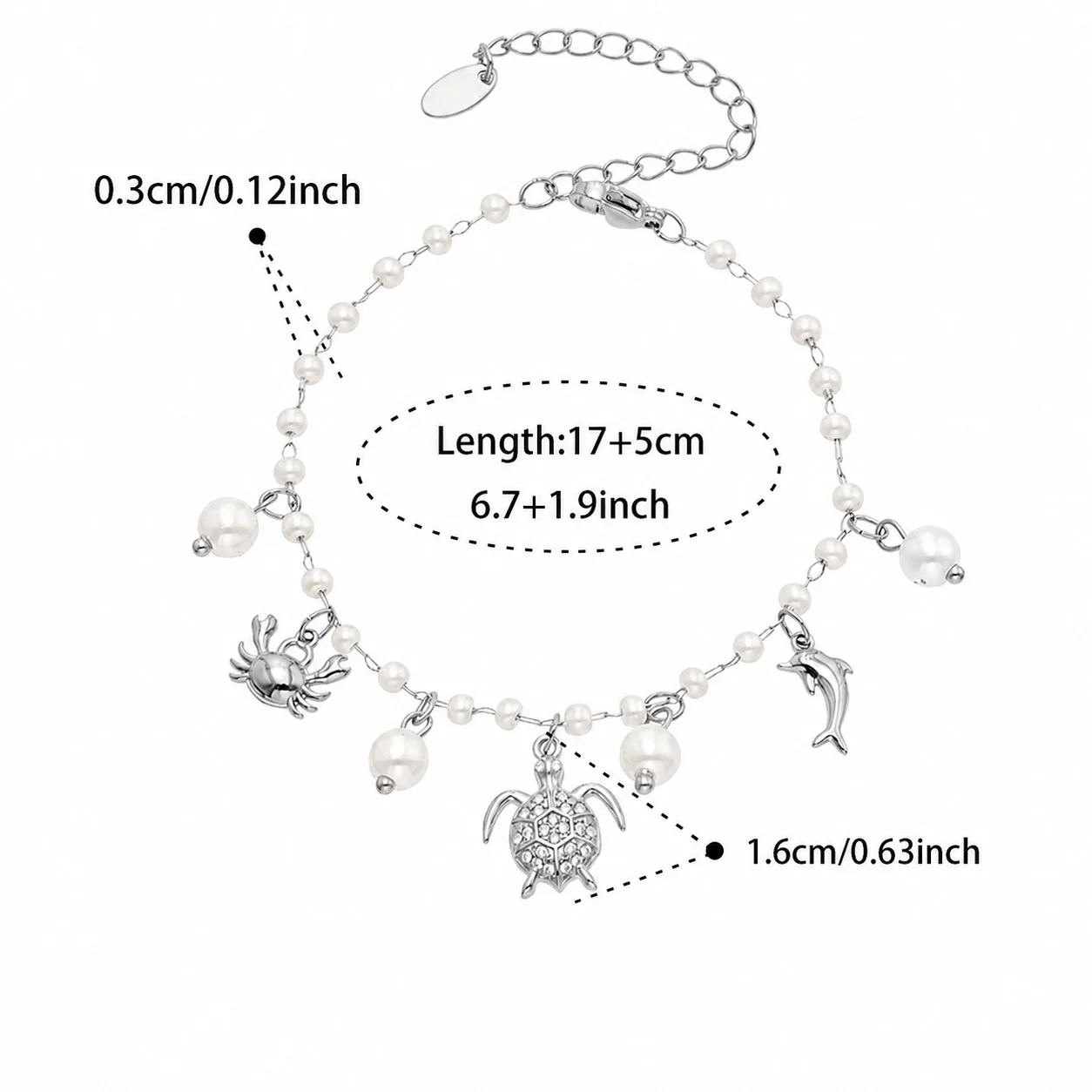 Ocean Charm Gold-Plated 316L Bead Chain Bracelet - Silver Turtle Multi-Charm 17+5 cm