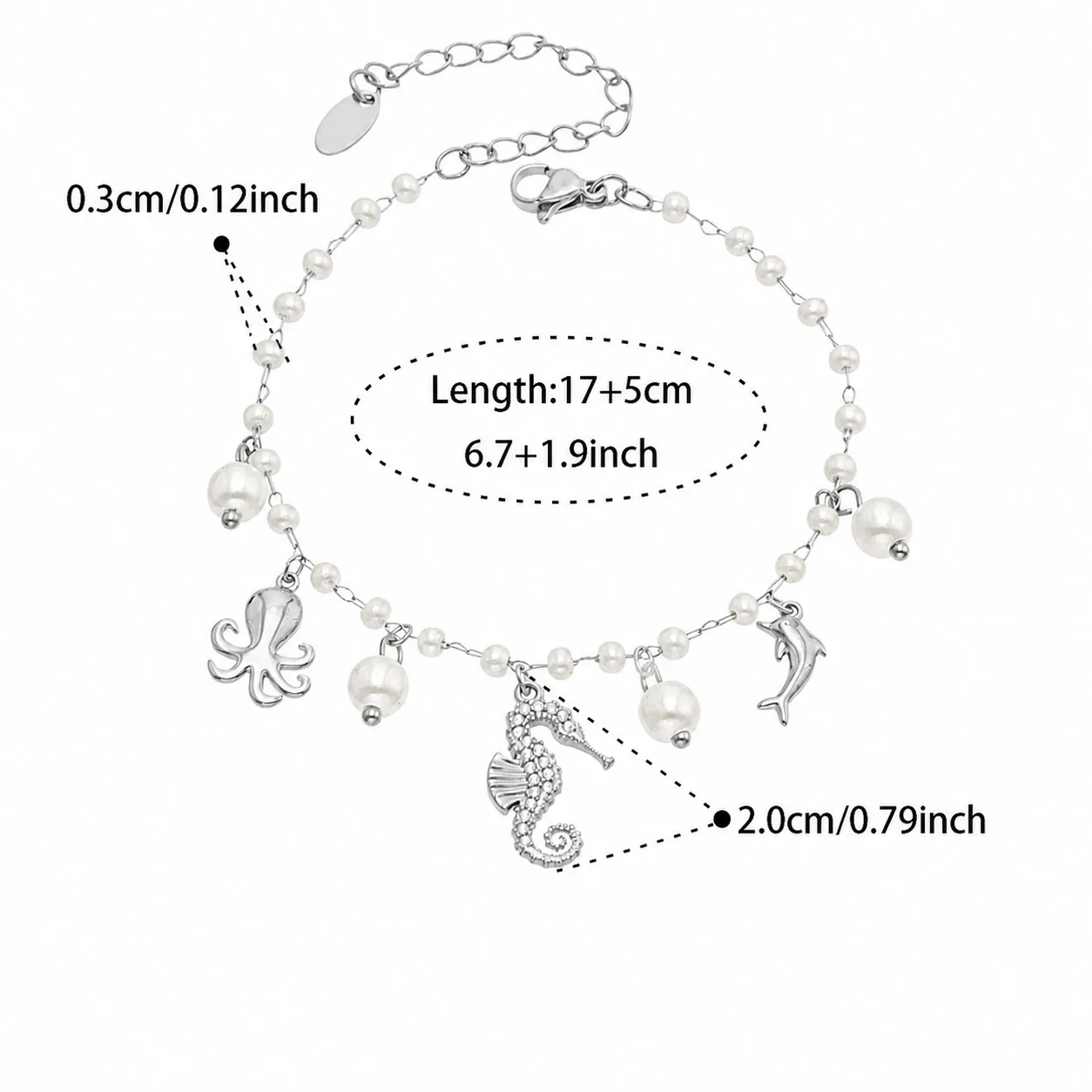 Ocean Charm Gold-Plated 316L Bead Chain Bracelet - Silver Seahorse Multi-Charm 17+5 cm