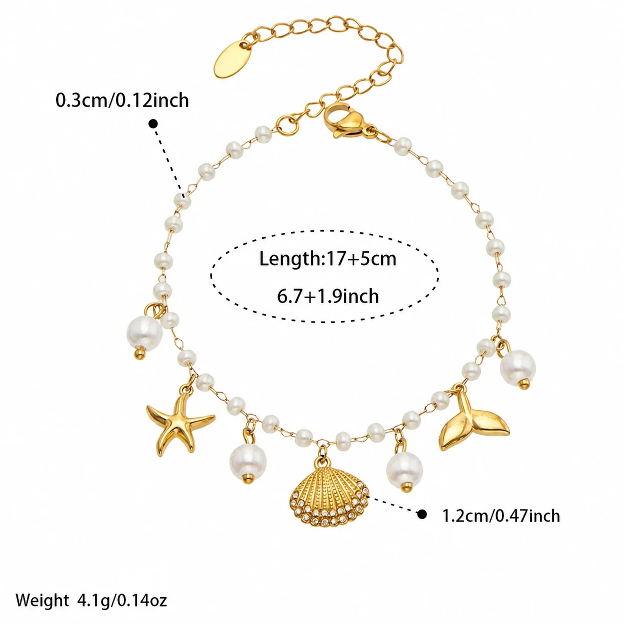 Ocean Charm Gold-Plated 316L Bead Chain Bracelet - Gold Scallop Multi-Charm 17+5 cm