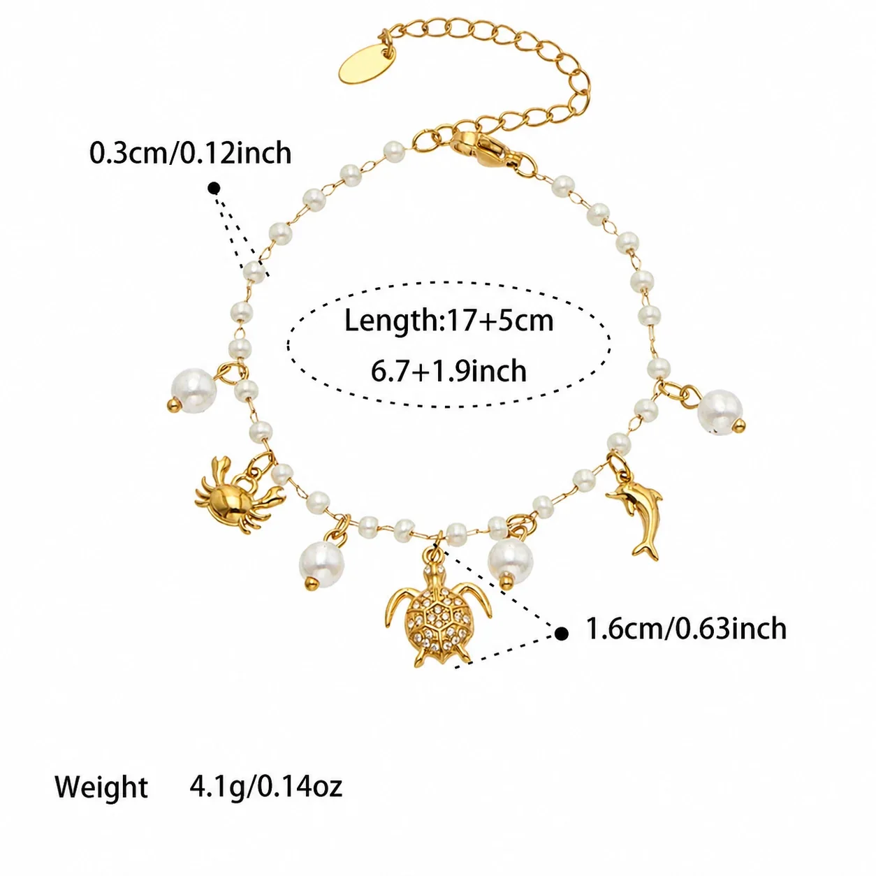Ocean Charm Gold-Plated 316L Bead Chain Bracelet - Gold Turtle Multi-Charm 17+5 cm