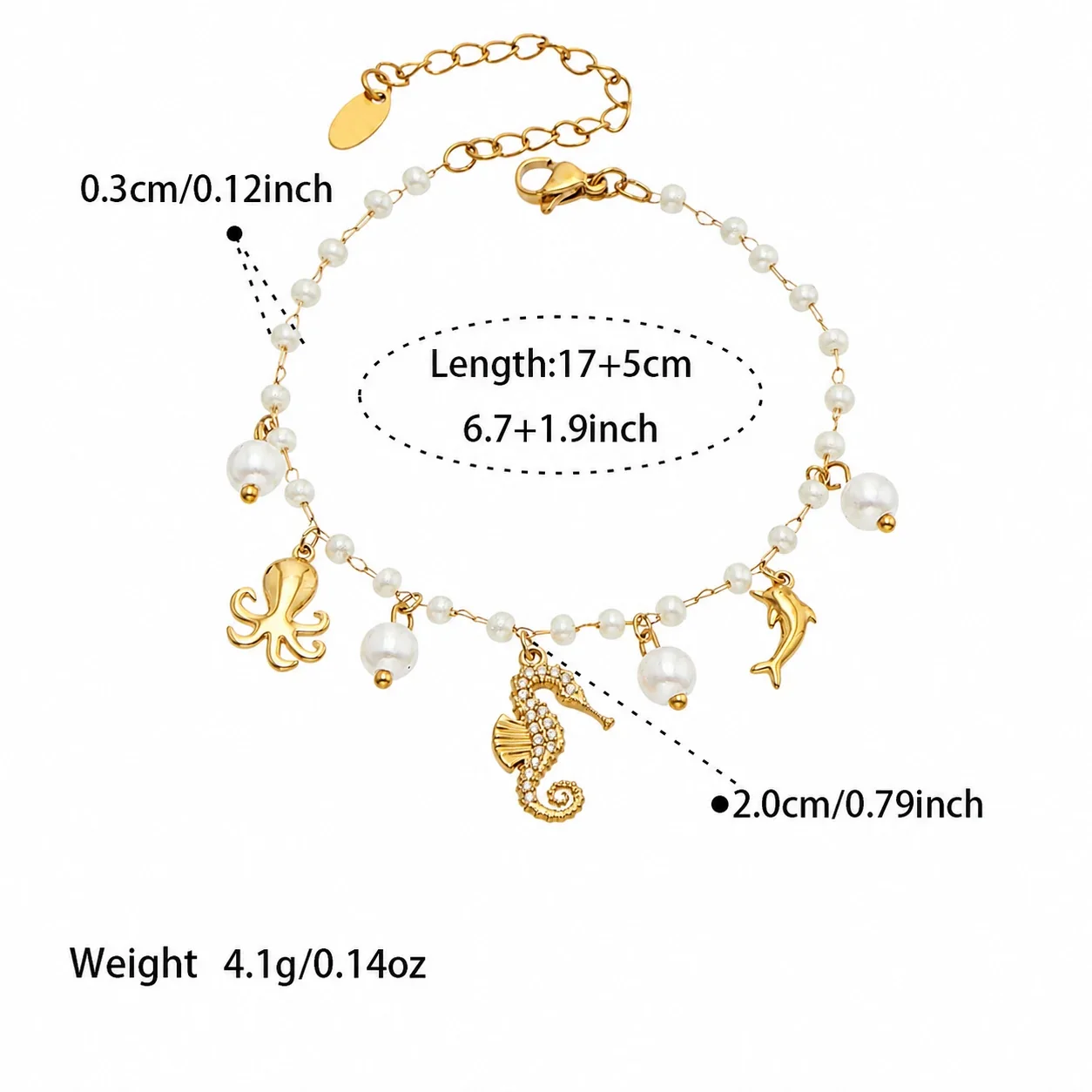 Ocean Charm Gold-Plated 316L Bead Chain Bracelet - Gold Seahorse Multi-Charm 17+5 cm