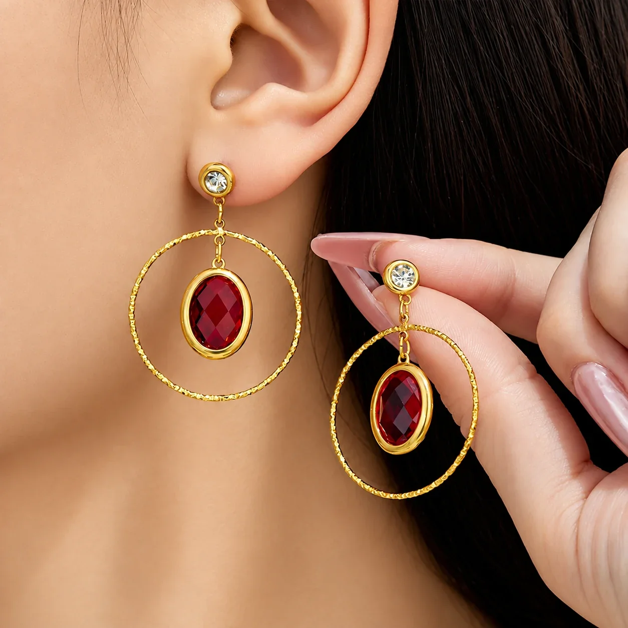 Drop Earrings Oval Crystal Hoops Stainless Steel Gold PVD
