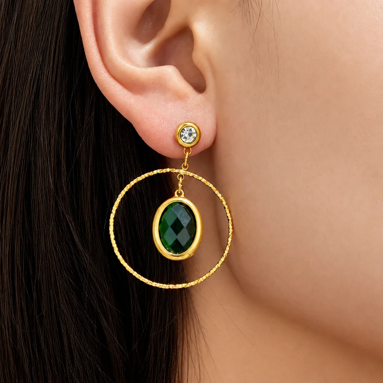 Drop Earrings Oval Crystal Hoops Stainless Steel Gold PVD