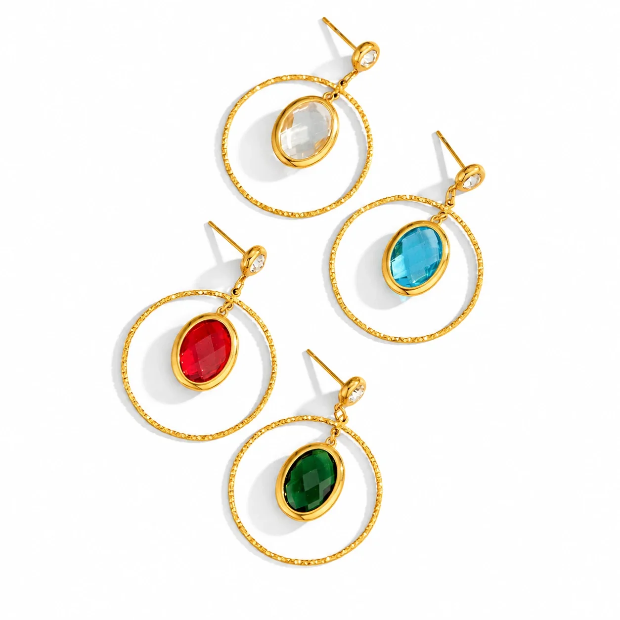 Drop Earrings Oval Crystal Hoops Stainless Steel Gold PVD