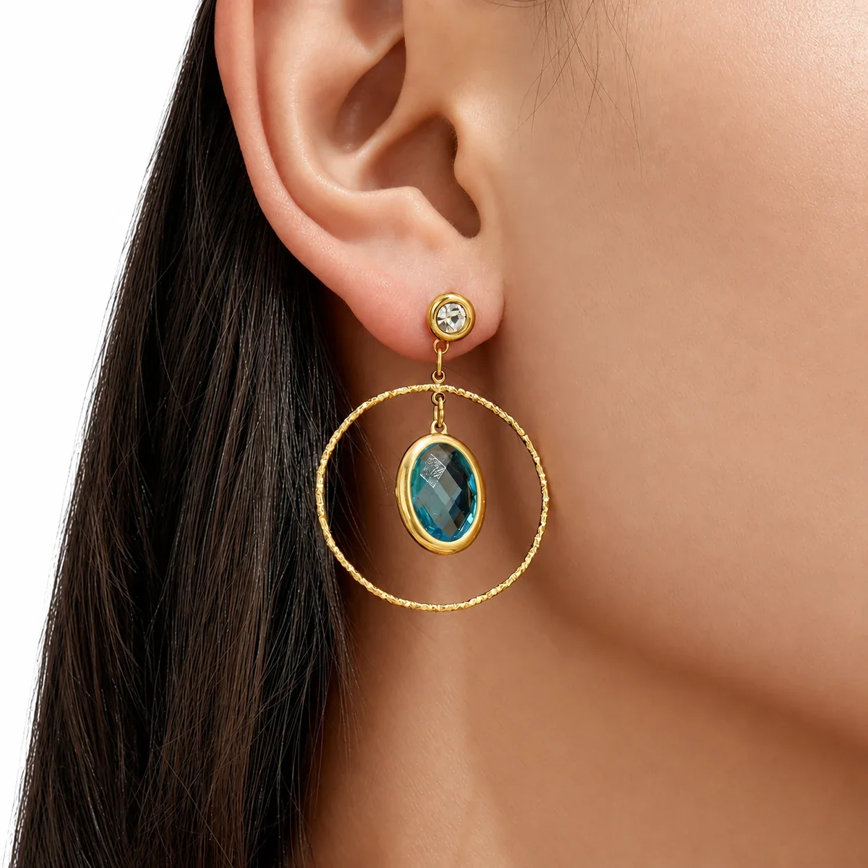 Drop Earrings Oval Crystal Hoops Stainless Steel Gold PVD