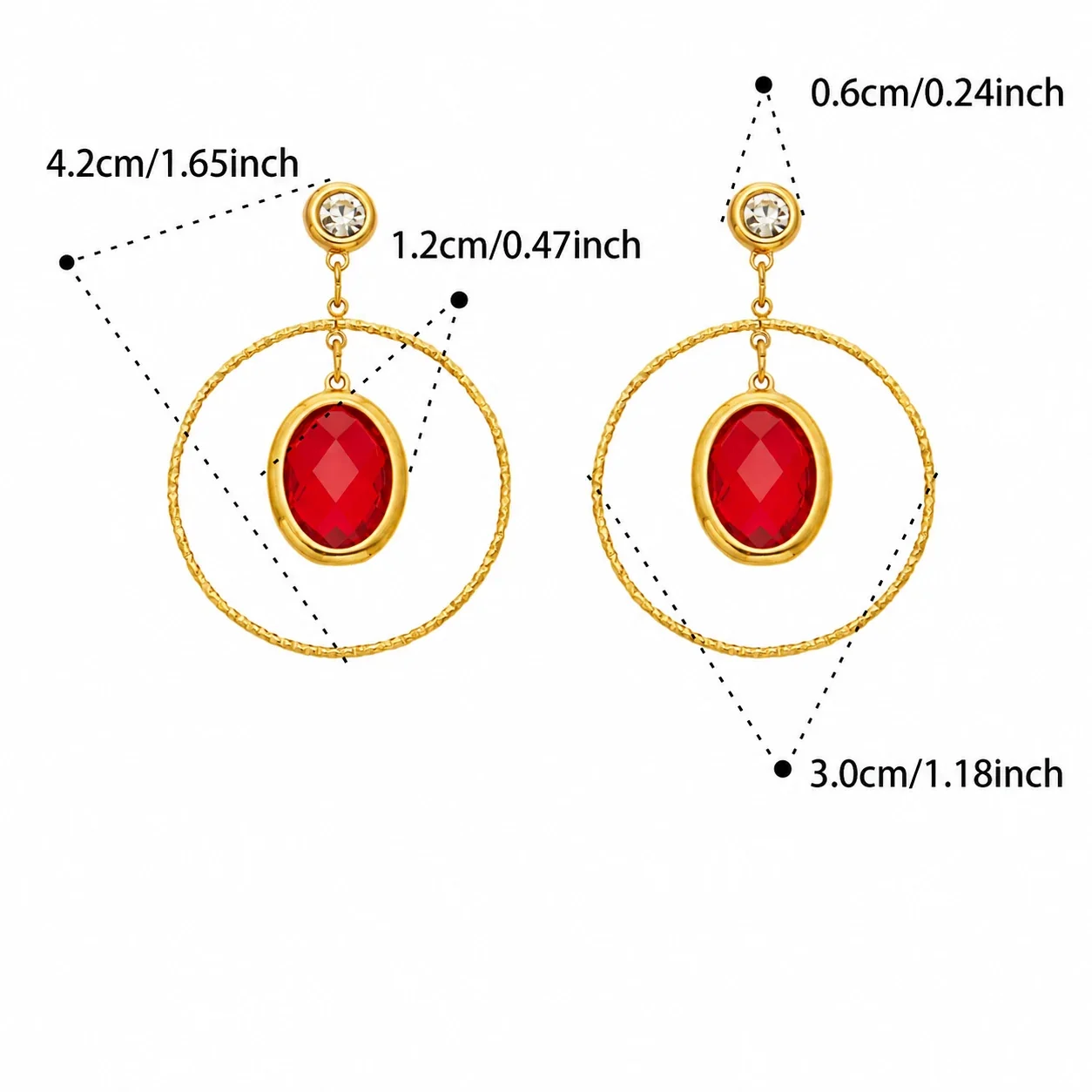 Drop Earrings Oval Crystal Hoops Stainless Steel Gold PVD - Gold Red Crystal