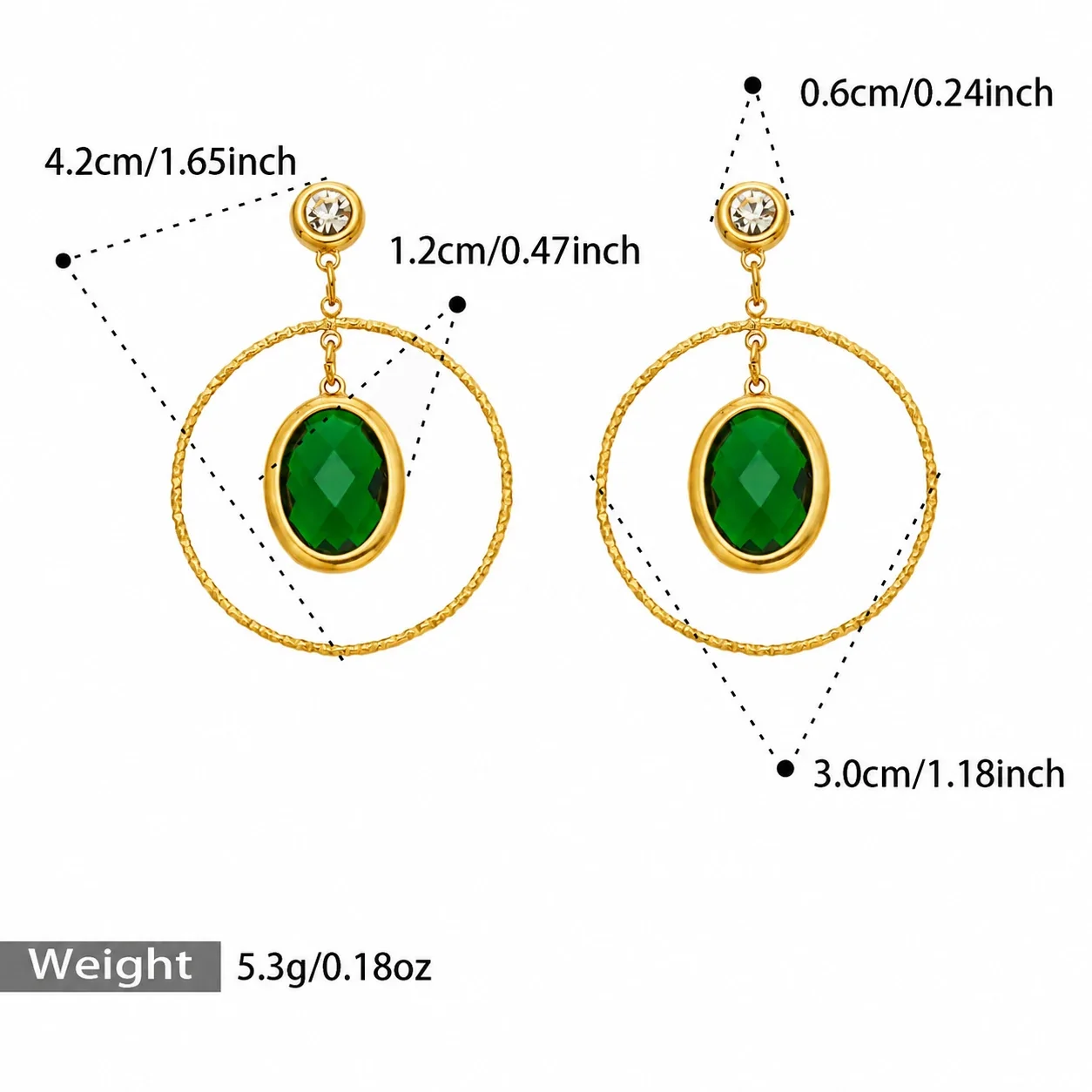 Drop Earrings Oval Crystal Hoops Stainless Steel Gold PVD - Gold Green Crystal