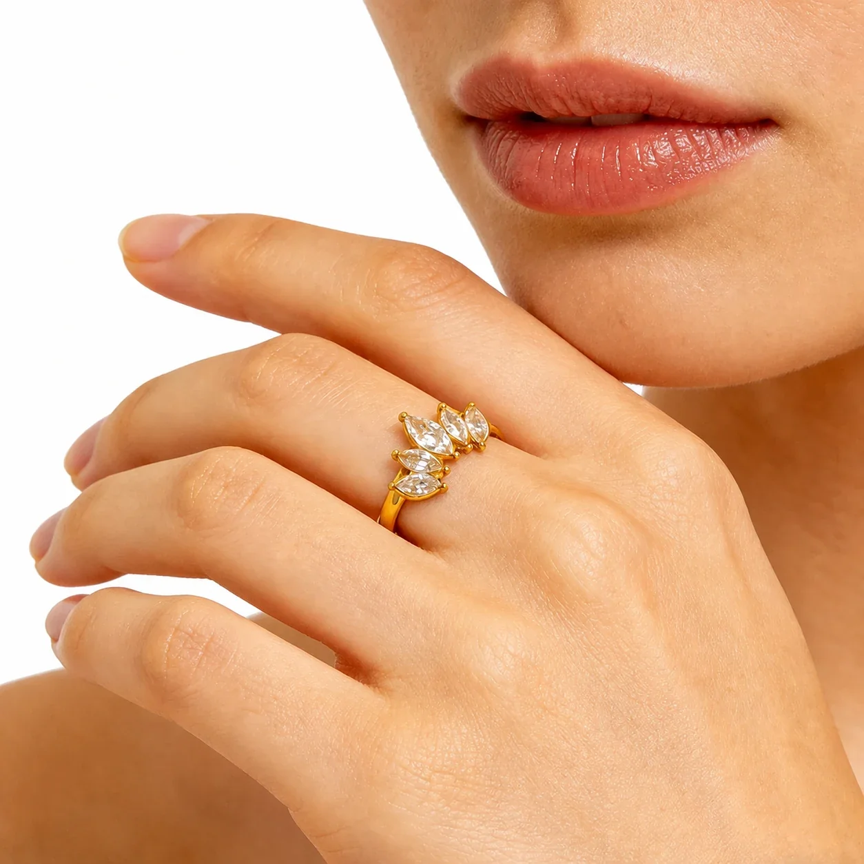 Regal Gold-Plated Stainless Steel Marquise CZ Open Crown Ring