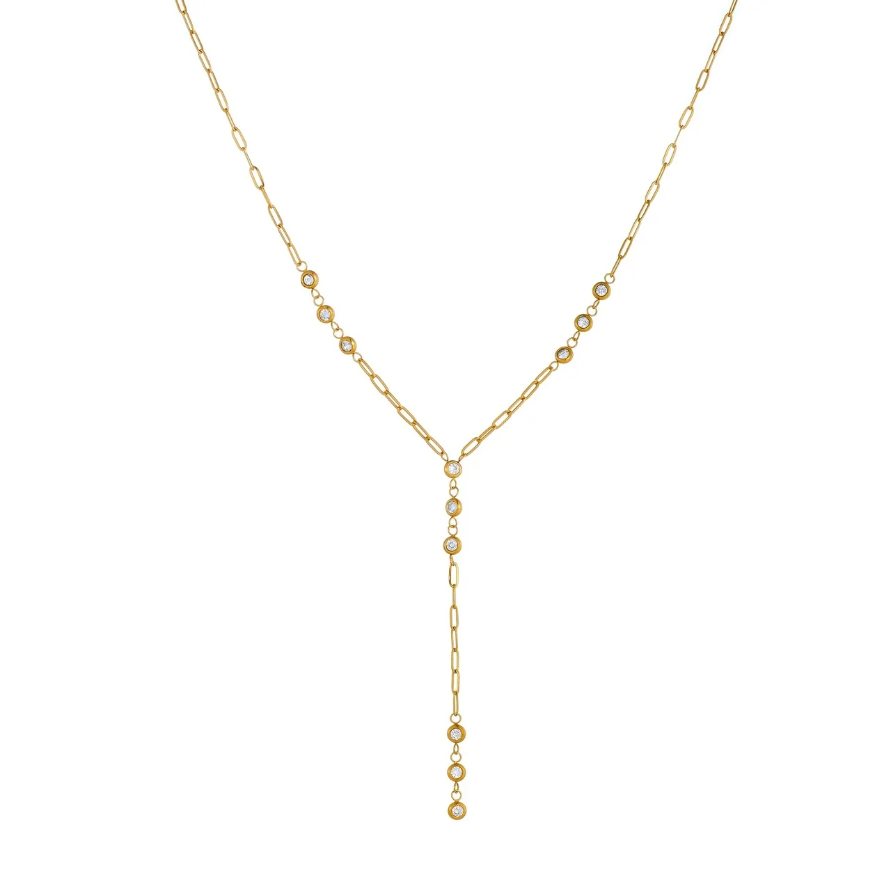 Y-Drop Paperclip CZ Necklace, Gold-Plated Stainless Steel