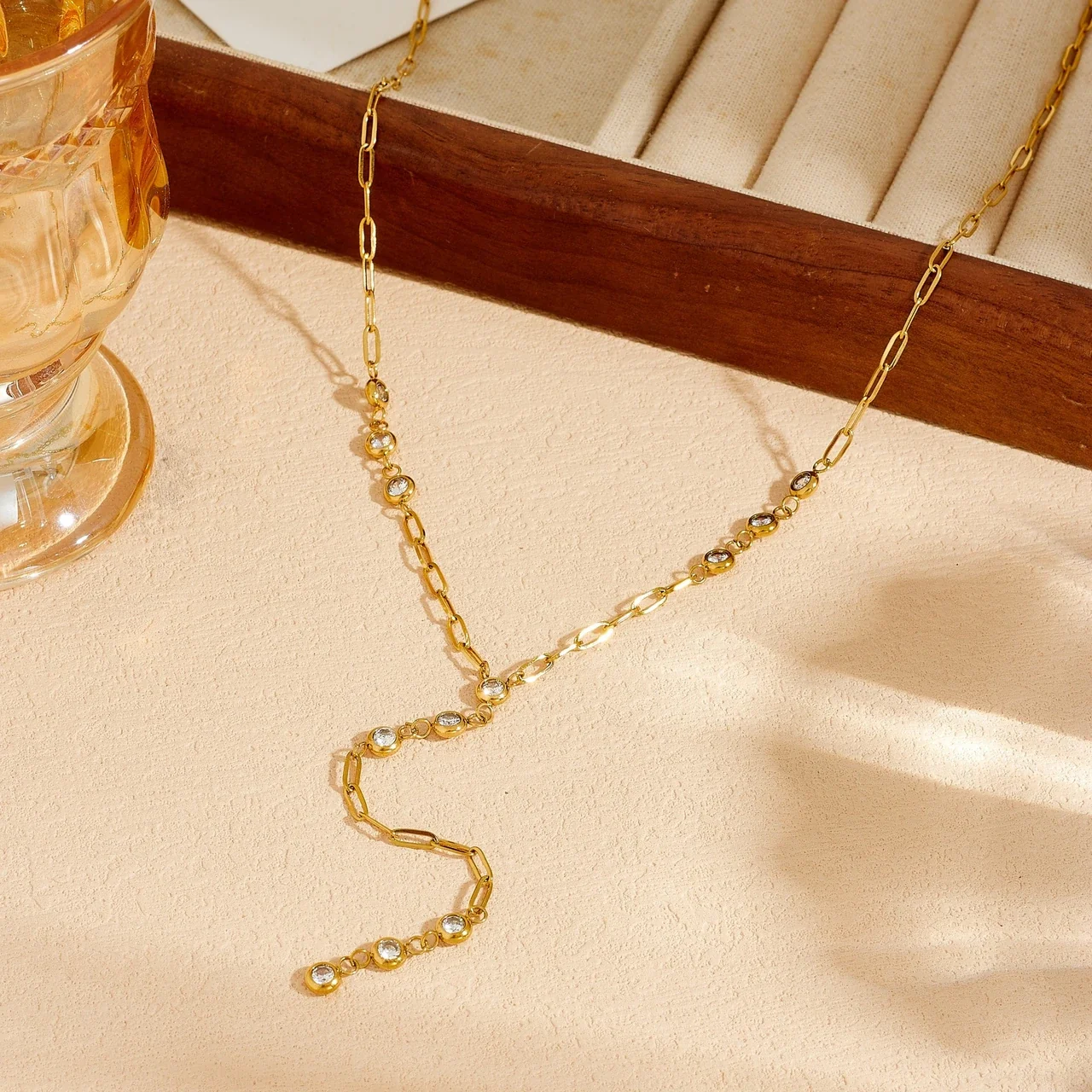 Y-Drop Paperclip CZ Necklace, Gold-Plated Stainless Steel