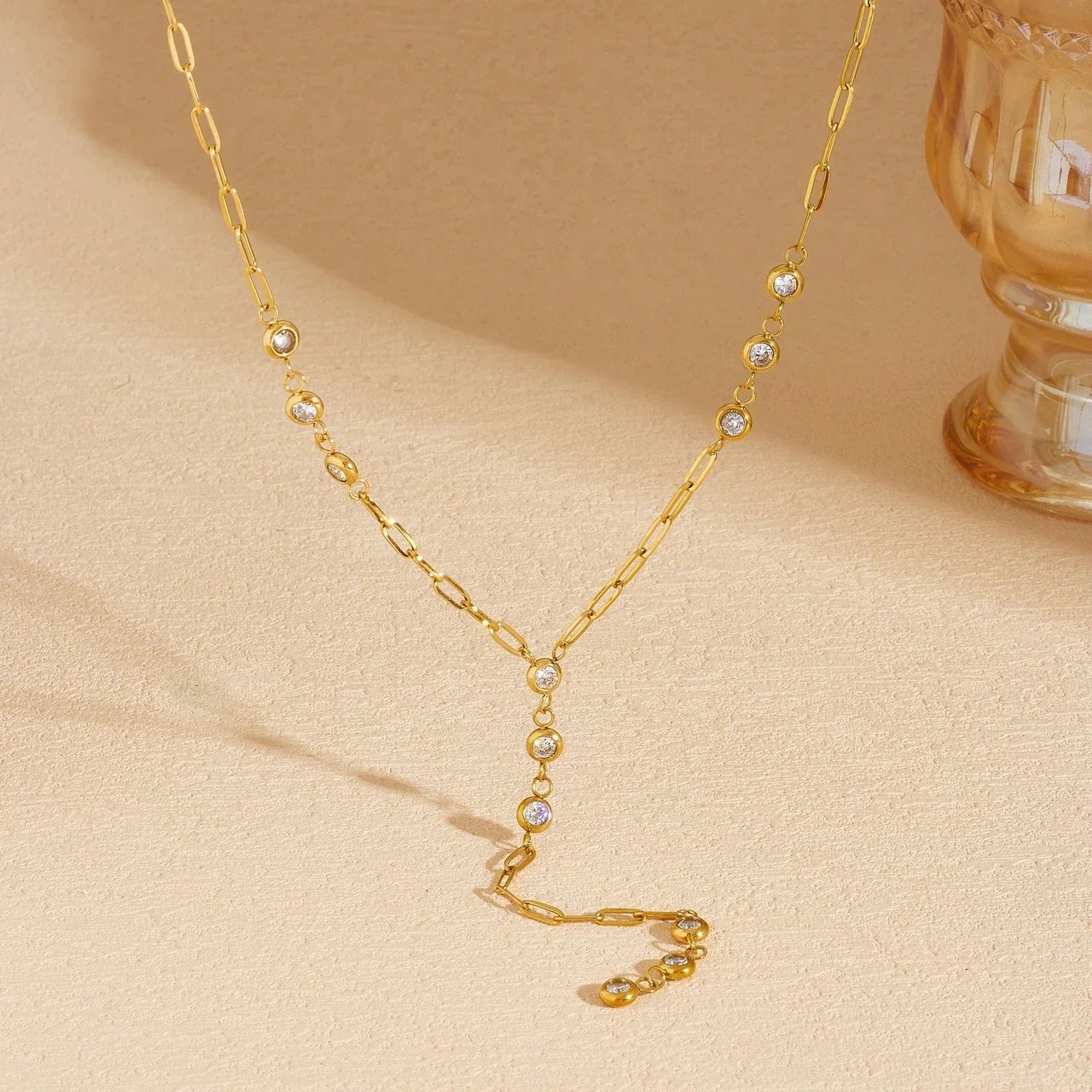 Y-Drop Paperclip CZ Necklace, Gold-Plated Stainless Steel
