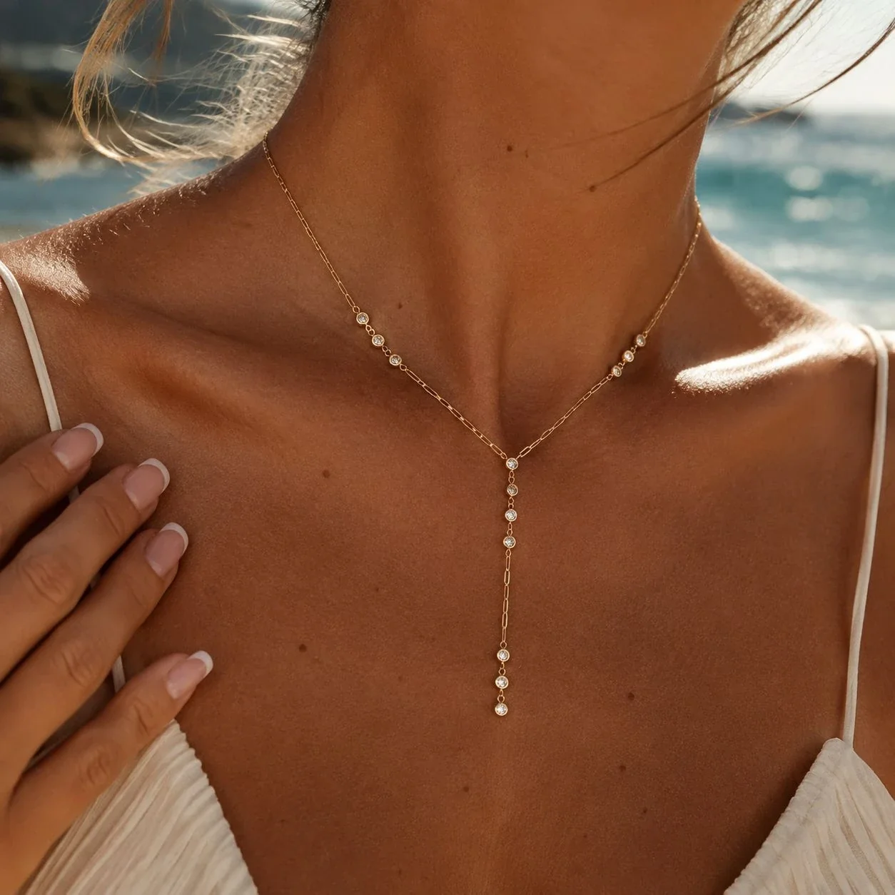 Y-Drop Paperclip CZ Necklace, Gold-Plated Stainless Steel