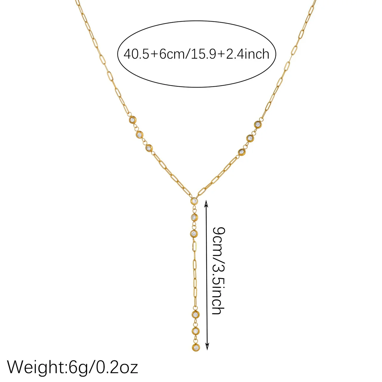 Y-Drop Paperclip CZ Necklace, Gold-Plated Stainless Steel