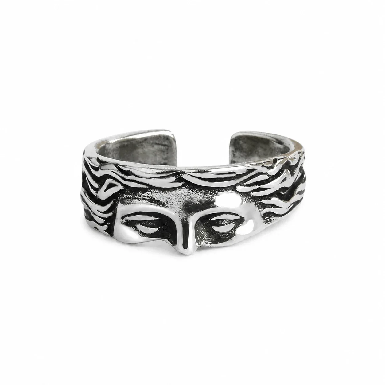 Antiqued Silver-Plated Face Relief Open-Front Ring