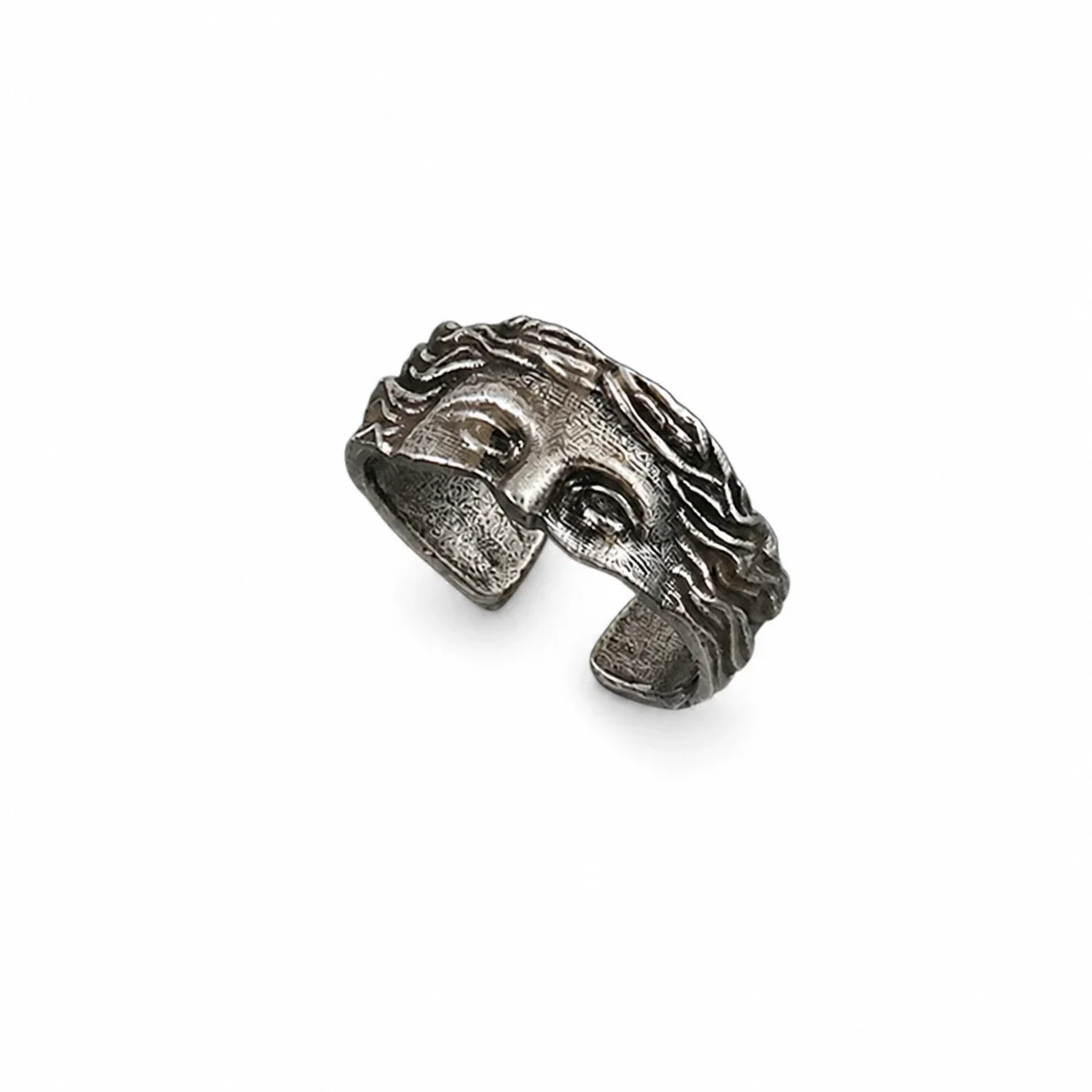 Antiqued Silver-Plated Face Relief Open-Front Ring