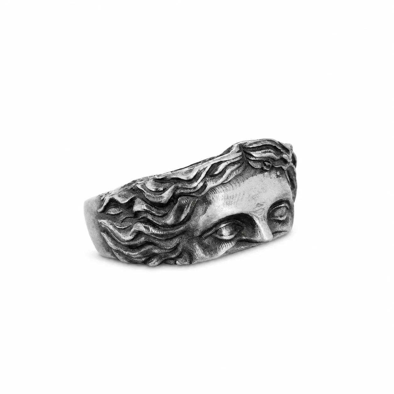 Antiqued Silver-Plated Face Relief Open-Front Ring